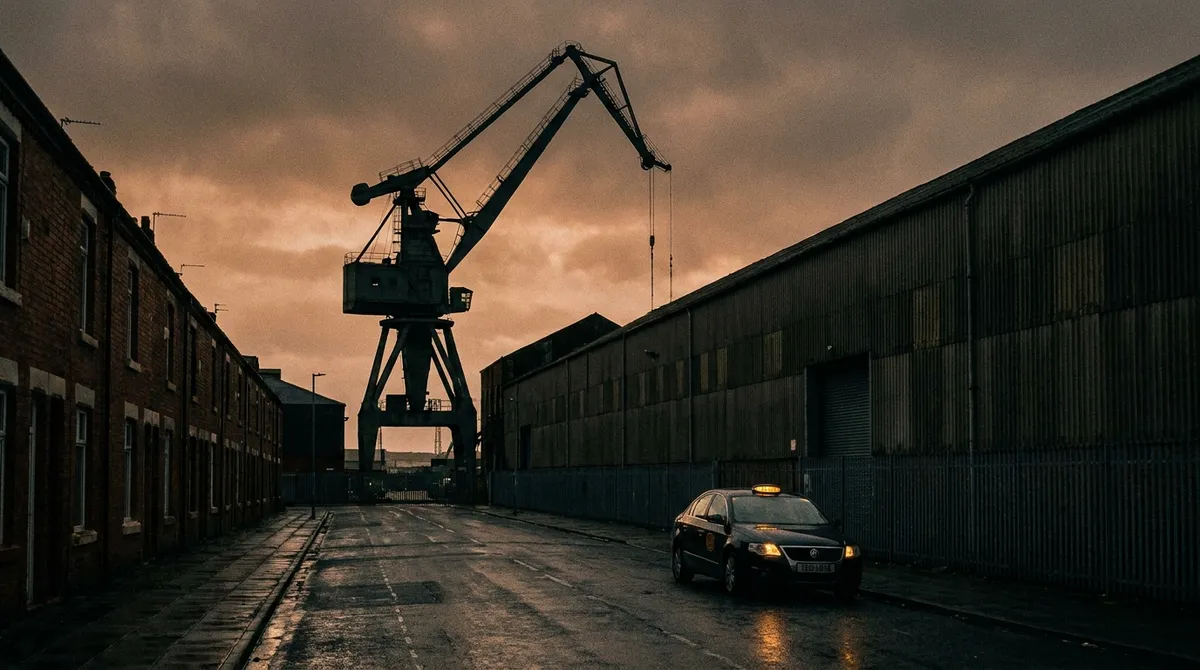 Barrow-in-Furness shipyard cranes at dusk beyond terraced streets