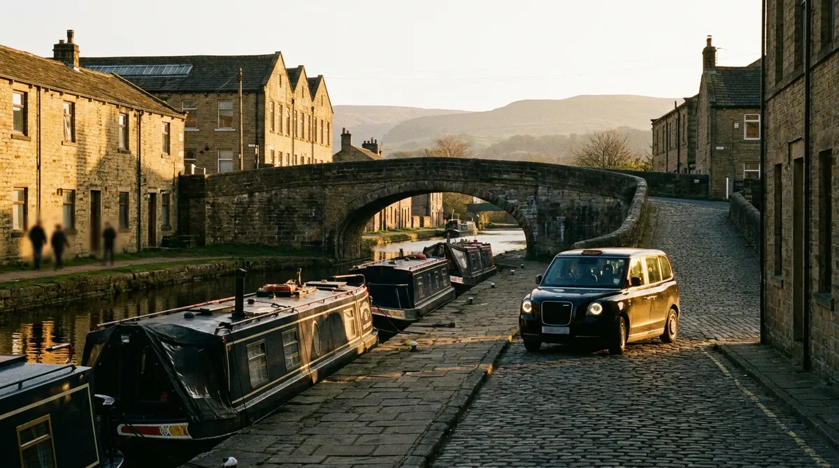 Skipton canal basin at golden hour with narrowboats and stone bridge