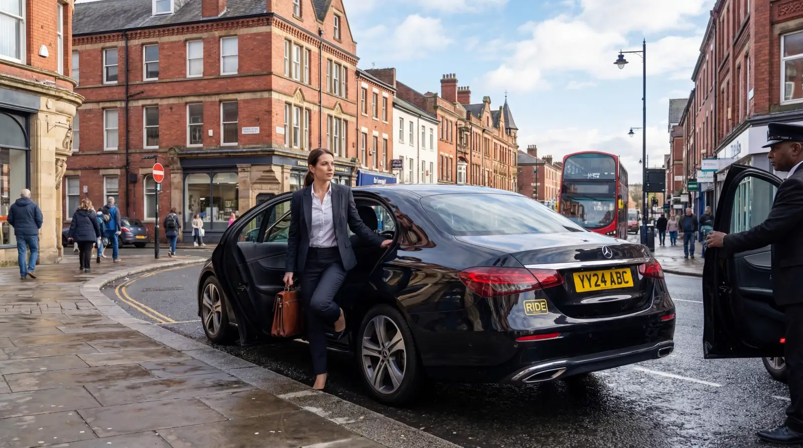 Business professional stepping out of a Ride Taxis vehicle